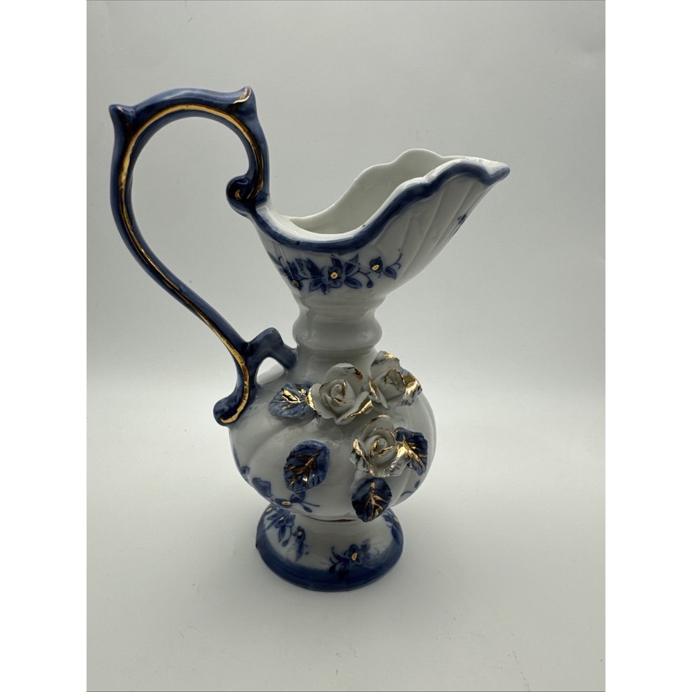Vtg Small Porcelain Vase HandSculpted & Painted Floral Design Gold Trim 5.5"High